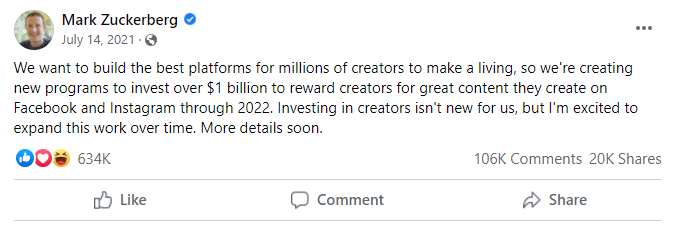 Mark Zuckerberg Facebook Post Announcing Investment in Creators