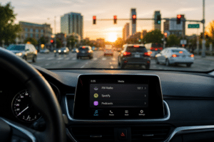 Driver's view of a modern car radio tuned to an FM station at sunset, representing radio audience engagement, listener habits, and media consumption in today's connected world.