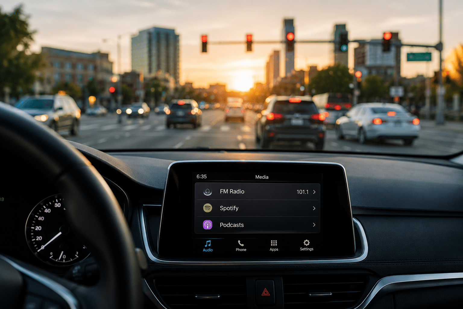 Driver's view of a modern car radio tuned to an FM station at sunset, representing radio audience engagement, listener habits, and media consumption in today's connected world.